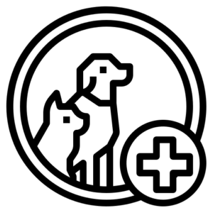 Line icon of a dog and cat inside a circle with a medical cross symbol