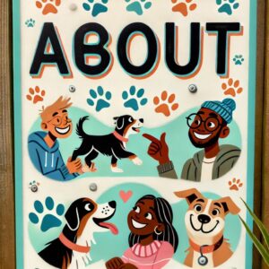 Cartoon illustrations of people with dogs against a paw-print pattern background.