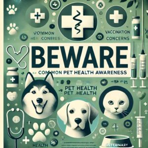 Beware poster with a husky, puppy, and cat portraits beside medical cross icons.