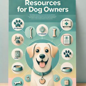 Yellow Labrador surrounded by icons for food, veterinary care, and pet supplies.