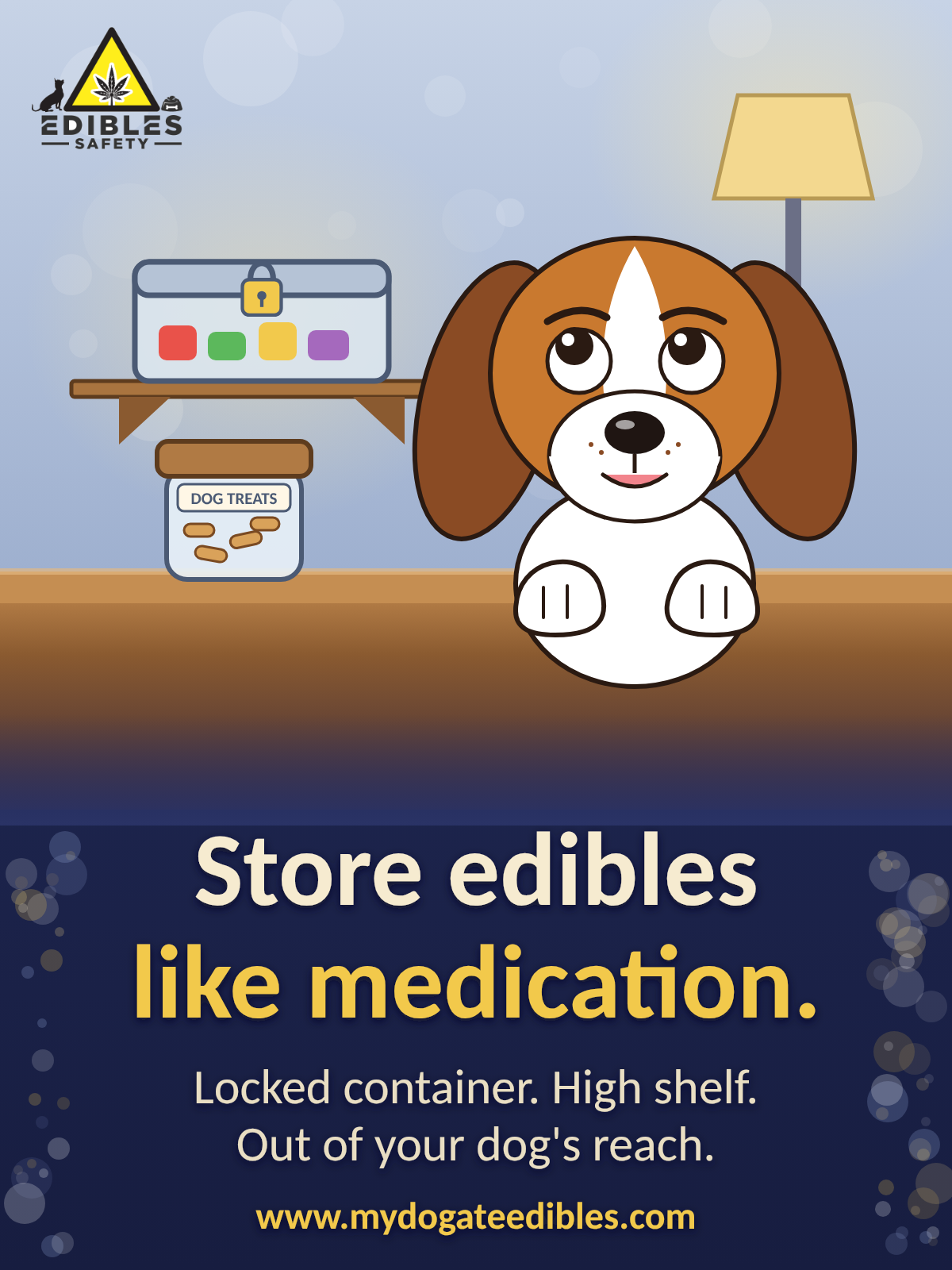 Cartoon beagle looking up at a locked clear box of edibles on a high shelf, with the text: Store edibles like medication. Locked container. High shelf. Out of your dog's reach.